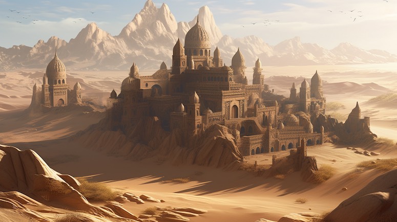 midjourney desert fantasy world prompt