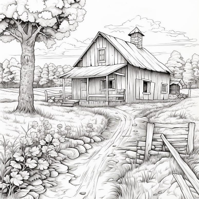 farmhouse coloring page midjourney prompt