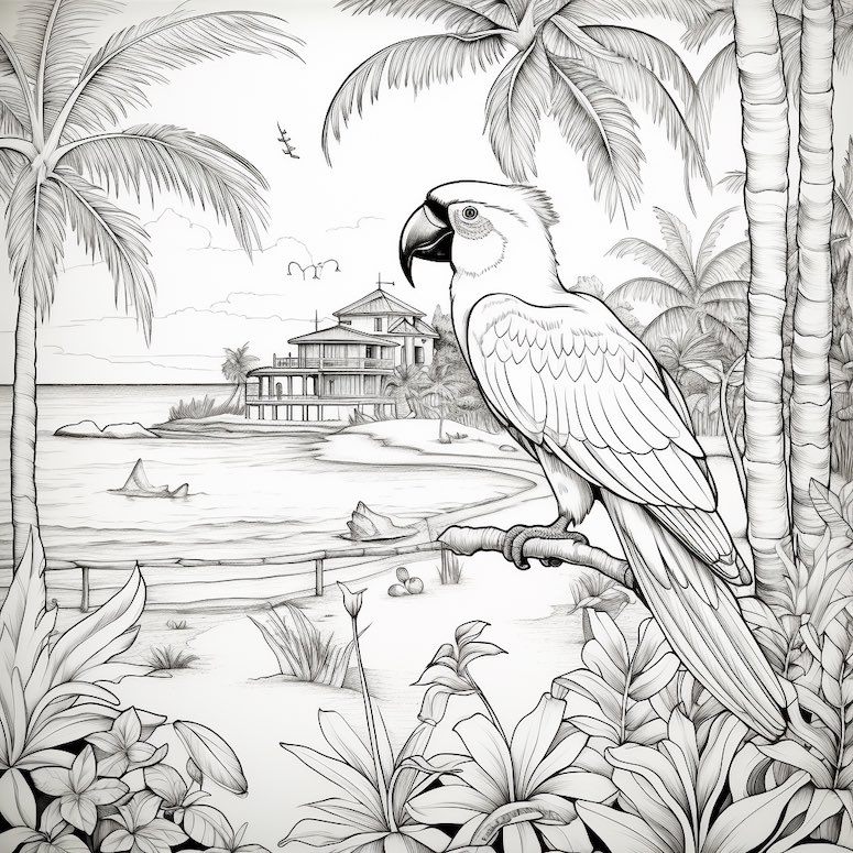 tropical island coloring book midjourney prompt