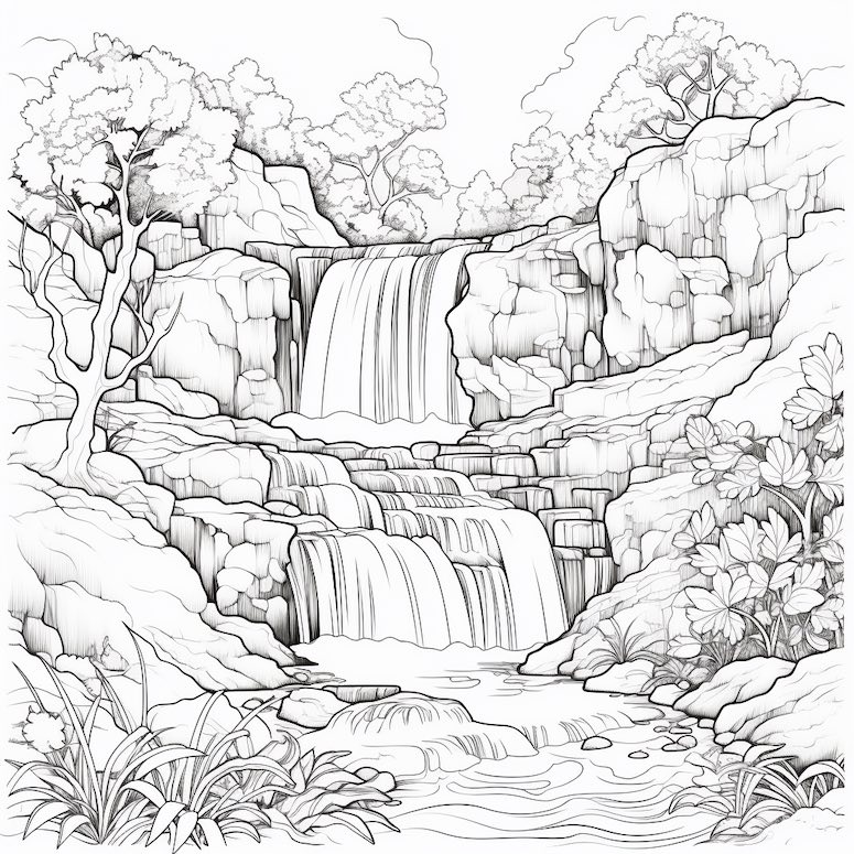 waterfall coloring book midjourney prompt