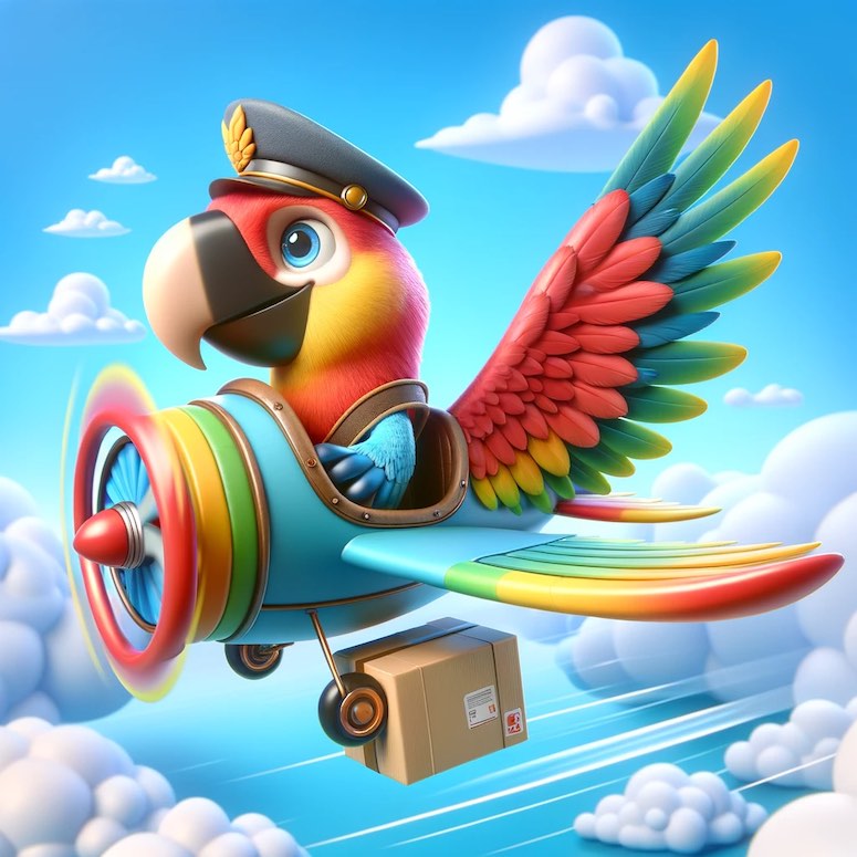 flying 3d parrot cartoon character dalle